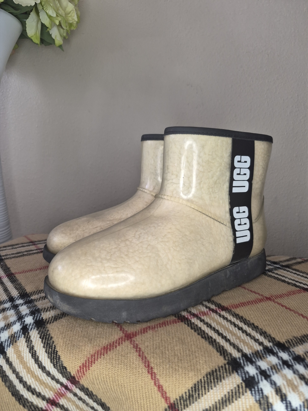 UGG Cream Short Waterproof Ankle Boot with Black Logo Strap